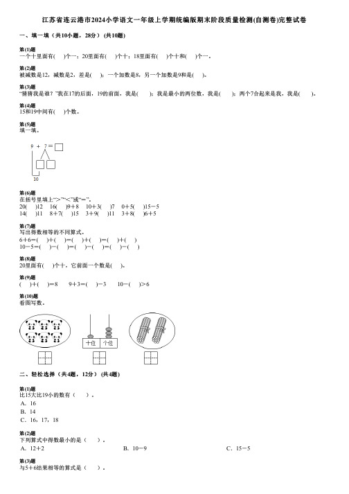 江苏省连云港市2024小学数学一年级上学期统编版期末阶段质量检测(自测卷)完整试卷