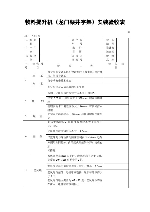 物料提升机(龙门架井字架)安装验收表