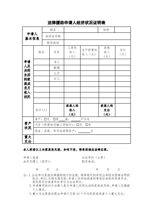 法律援助申请人经济状况证明表(标准版)