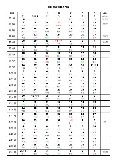 2015年秋周次表