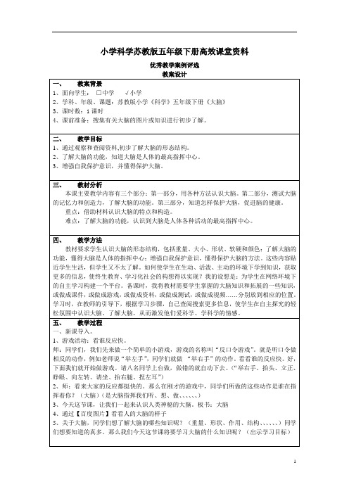 小学科学苏教版五年级下册高效课堂资料《大脑》教案2 (1)