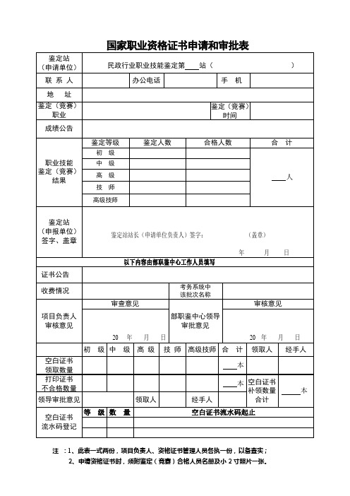 职业技能鉴定考评人员资格认证申请和审批表