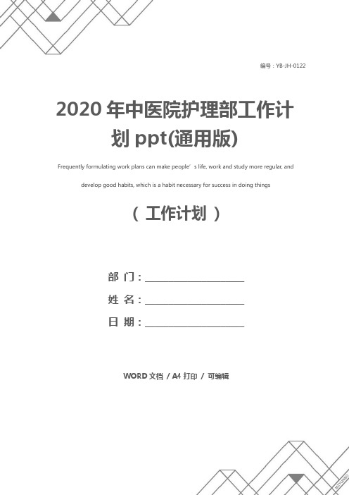 2020年中医院护理部工作计划ppt(通用版)