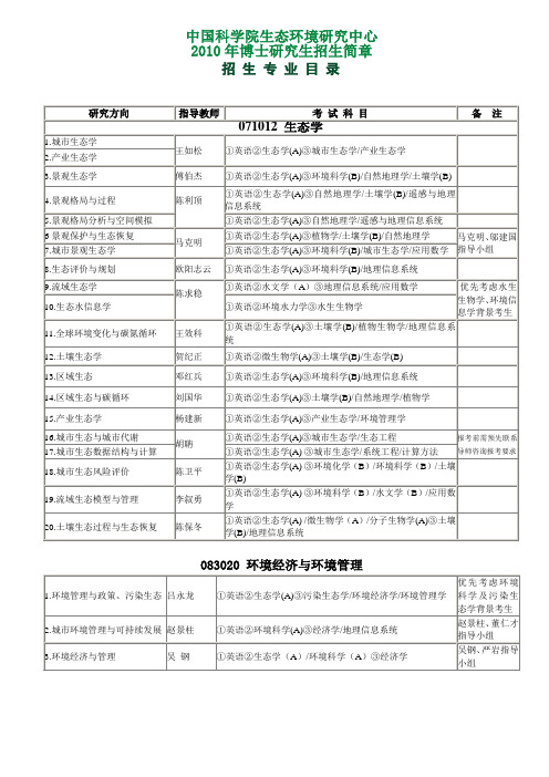 中国科学院生态环境研究中心2010年博士研究生招生简章