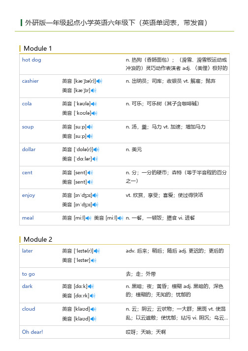 外研版一年级起点小学英语六年级下(英语单词表)