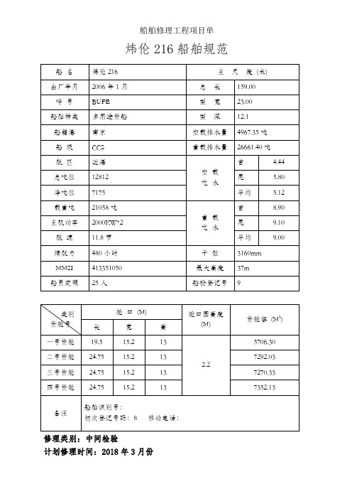 船舶修理工程项目单