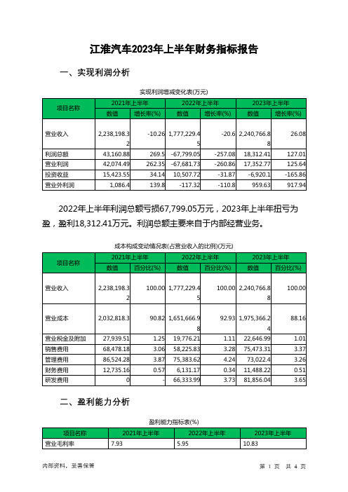 600418江淮汽车2023年上半年财务指标报告