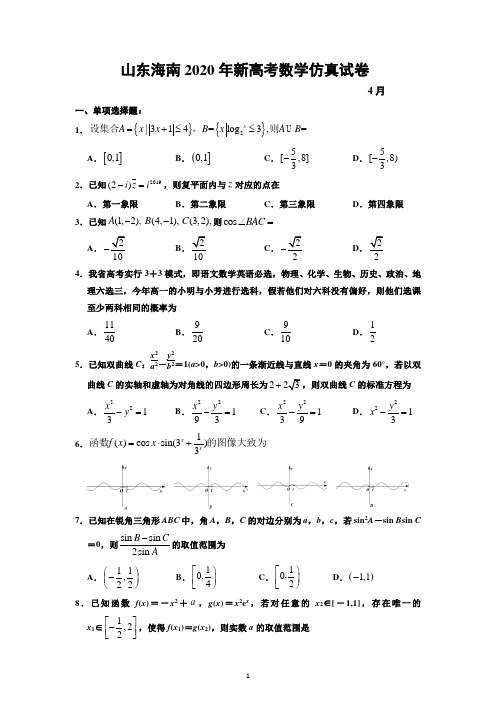 山东海南2020年新高考仿真数学试卷4月