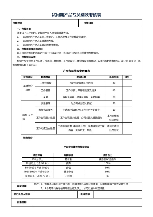 试用期产品专员绩效考核表