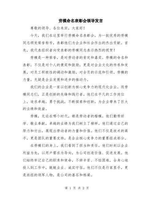 劳模命名表彰会领导发言