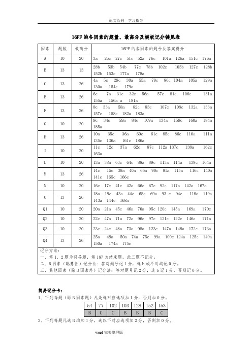 16PF人格测试计分方法及因素分析报告