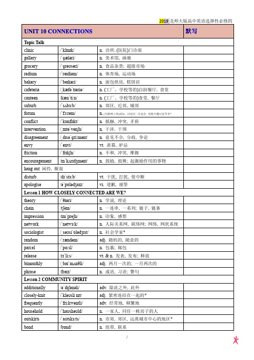 北师大2019新版高中英语选择性必修四UNIT 10 CONNECTIONS 单词表