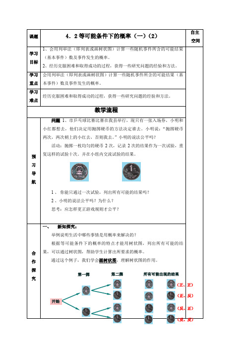 九年级数学上册导学案：4.2等可能条件下的概率(一)(2)