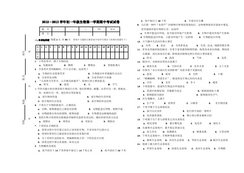 2012-2013七年级生物期中考试试题