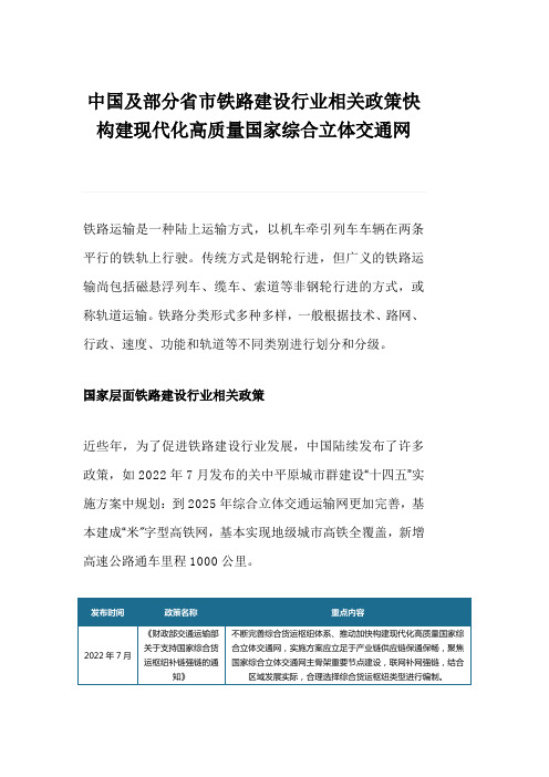 中国及部分省市铁路建设行业相关政策快构建现代化高质量国家综合立体交通网