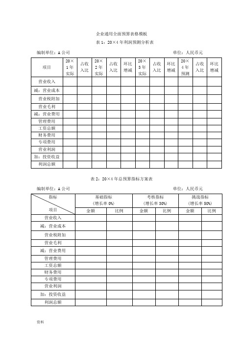 企业通用全面预算表格模板