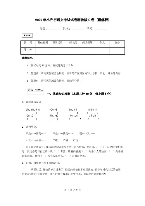 2020年小升初语文考试试卷湘教版C卷 (附解析)