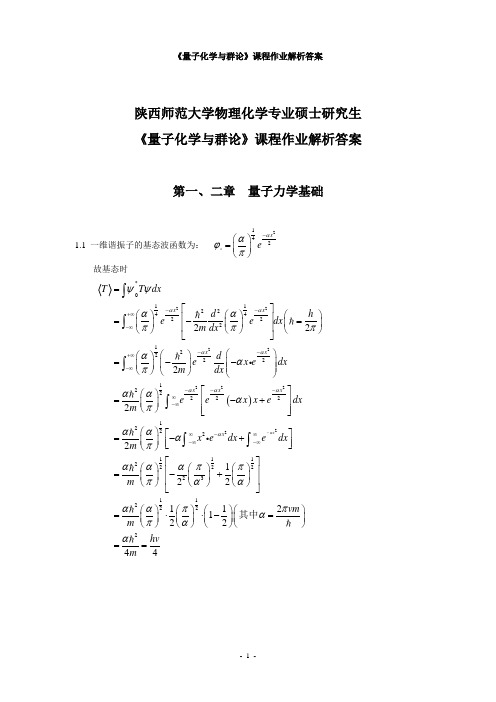 陕西师范大学物理化学专业硕士研究生 《量子化学与群论》课程作业解析答案