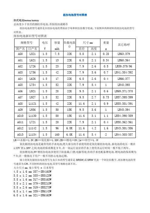 纽扣电池型号对照表