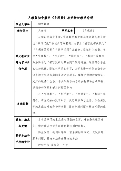 人教版初中数学《有理数》单元教材教学分析