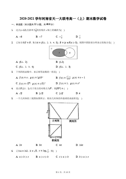 2020-2021学年河南省天一大联考高一(上)期末数学试卷