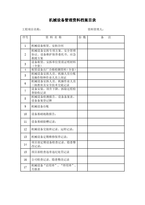 机械设备管理资料档案目录