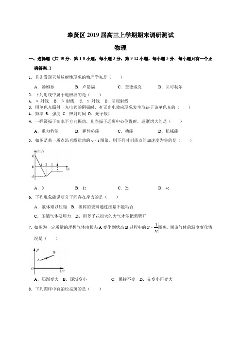 上海市奉贤区2019届高三上学期期末调研测试(一模)物理试题(含答案)