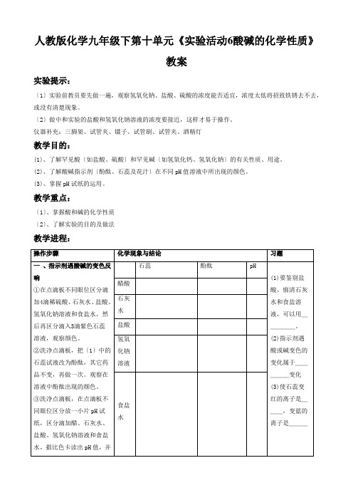 人教版化学九年级下第十单元《实验活动6酸碱的化学性质》教案