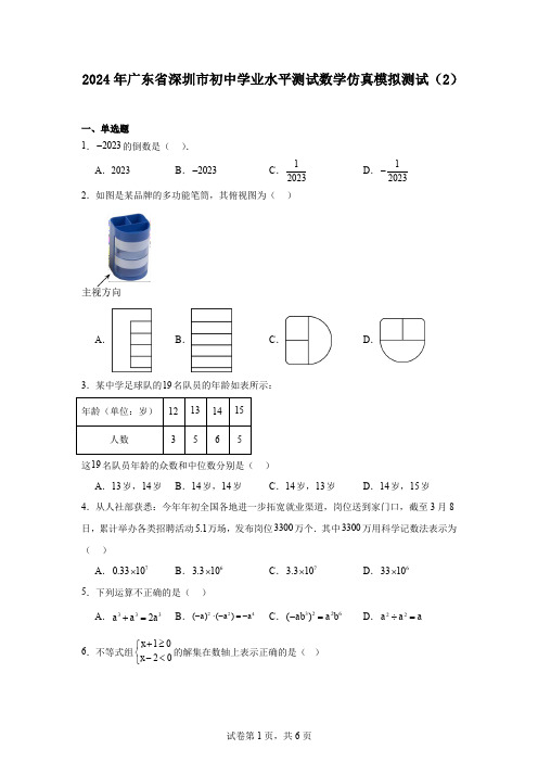 2024年广东省深圳市初中学业水平测试数学仿真模拟测试(2)