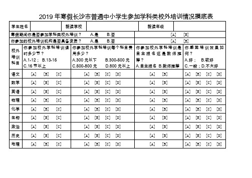 2019年寒假长沙市普通中小学生参加学科类校外培训情况摸底表