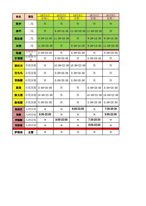 10月排班