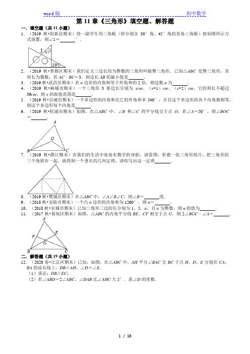 2020-2021学年湖北省八年级上册数学(人教版)期末考试复习：第11章《三角形》填空题、解答题