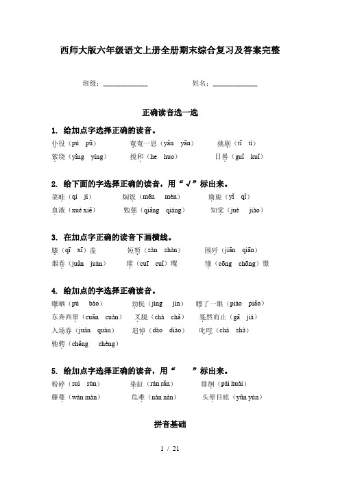 西师大版六年级语文上册全册期末综合复习及答案完整