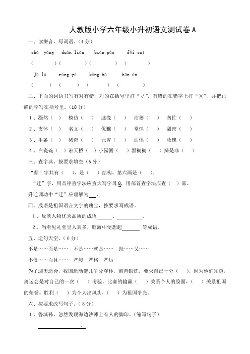 人教版小学六年下册小升初语文测试卷共10套