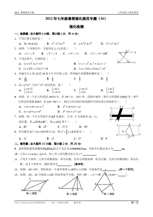 苏科版2012年七年级数学暑期强化提优专题(16)