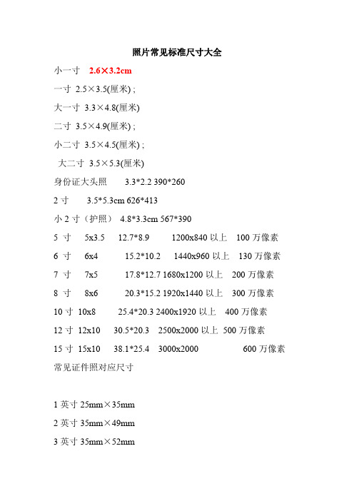 照片常见标准尺寸大全