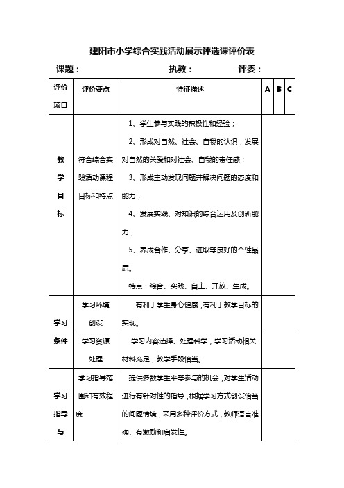 建阳市小学综合实践活动展示评选课评价表