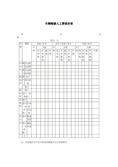 车辆维修人工费报价表概要