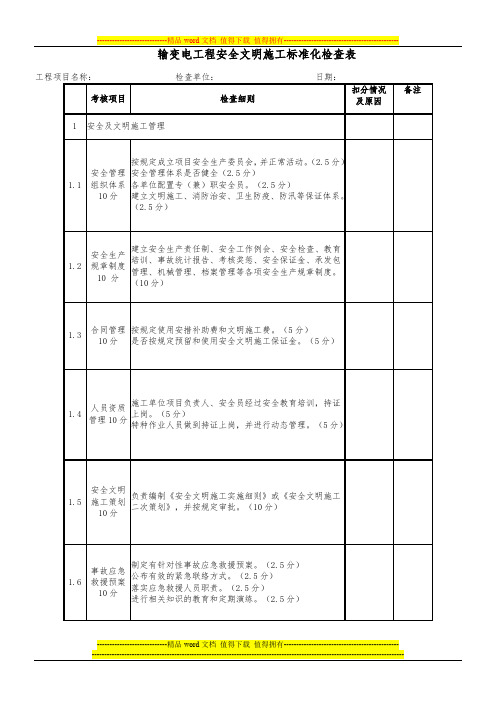 输变电工程安全文明施工标准化达标检查评价用表