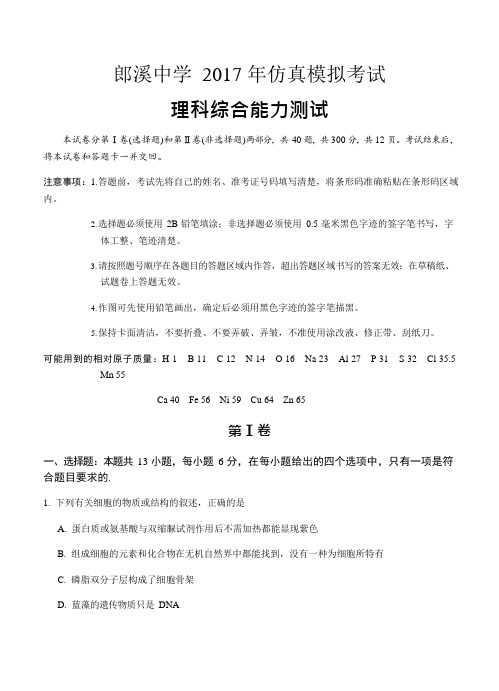 安徽省郎溪中学2017届高三下学期高考仿真模拟理综试卷及答案(可编辑修改word版)