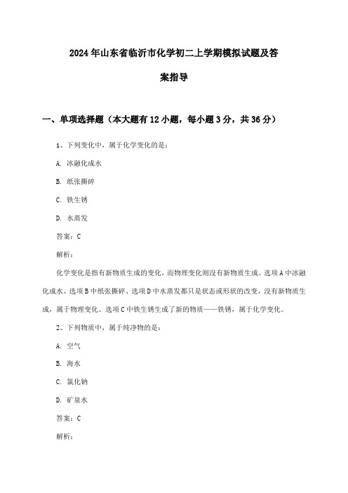 山东省临沂市化学初二上学期2024年模拟试题及答案指导