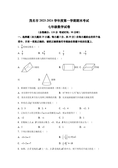 广东省茂名市直属学校2023-2024学年七年级上学期期末数学试题(含解析)