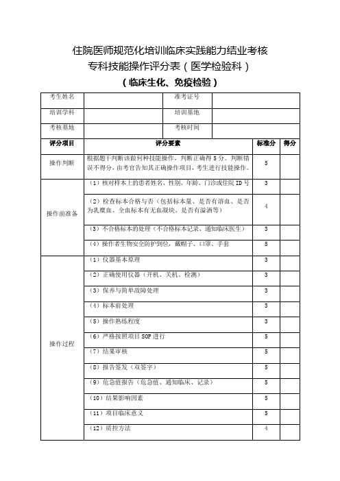 住院医师规范化培训临床实践能力结业考核专科技能操作评分表(医学检验科)临床生化、免疫检验