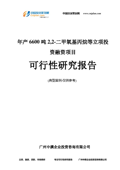 年产6600吨2,2-二甲氧基丙烷等融资投资立项项目可行性研究报告(中撰咨询)