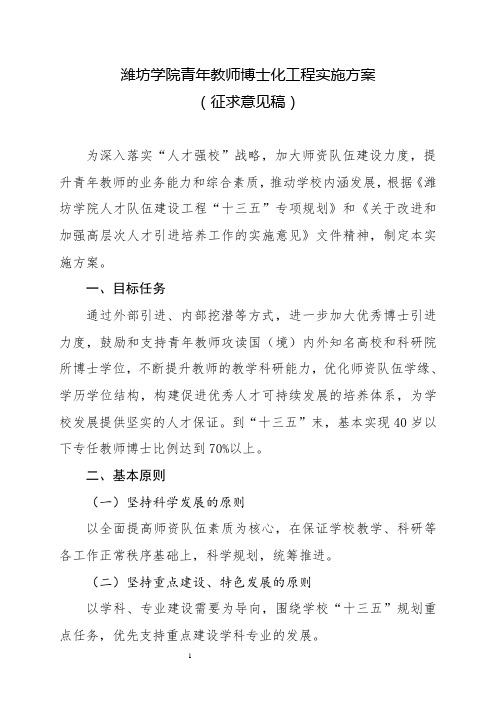 潍坊学院青年教师博士化工程实施方案