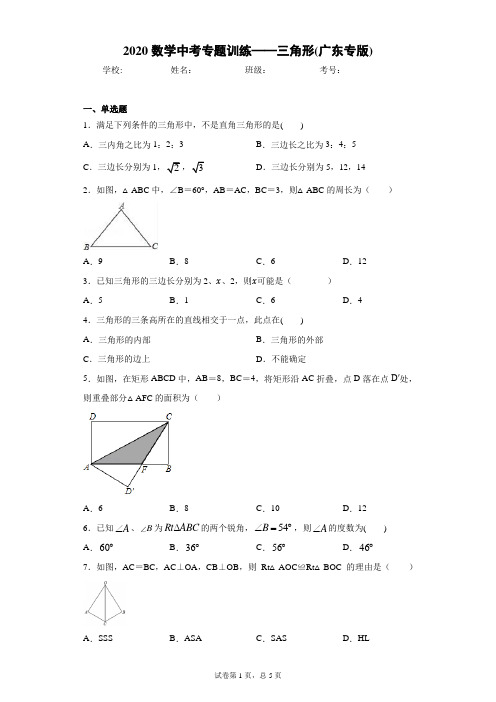 2020数学中考专题训练——三角形(广东专版)