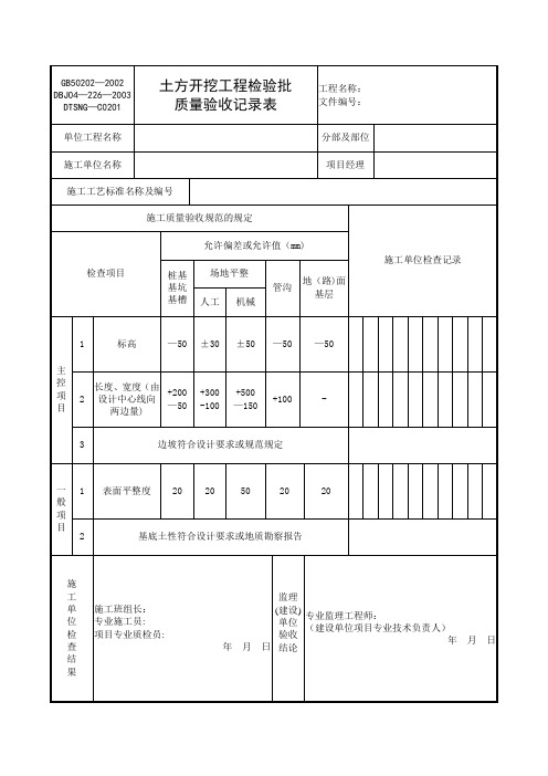 土方开挖工程检验批质量验收记录表