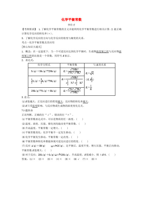 2019高考化学一轮复习 化学平衡常数导学案