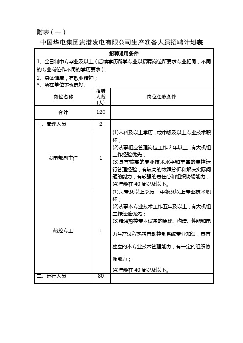 中国华电集团贵港发电有限公司生产准备人员招聘计划表