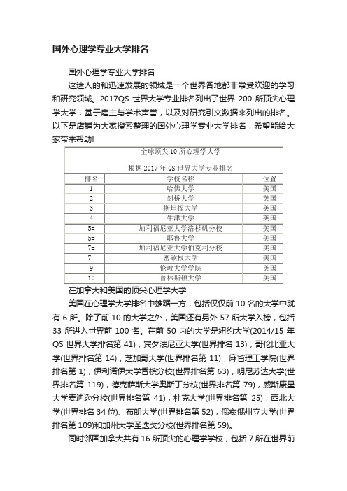 国外心理学专业大学排名